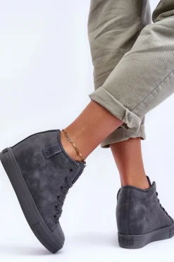 Big Star Shoes Trampki Skórzane Damskie Na Koturnie Big Star MM274005 Szare Szary