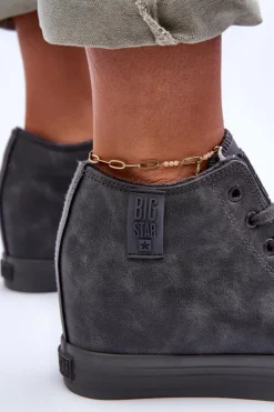 Big Star Shoes Trampki Skórzane Damskie Na Koturnie Big Star MM274005 Szare Szary