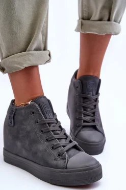 Big Star Shoes Trampki Skórzane Damskie Na Koturnie Big Star MM274005 Szare Szary