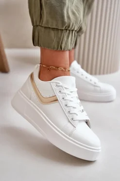 Boto Trampki Damskie Niskie|Sneakersy Damskie*Trampki Sneakersy Damskie Na Platformie Z Eko Skóry Biało-Złote Brennessa