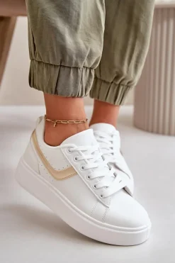 Boto Trampki Damskie Niskie|Sneakersy Damskie*Trampki Sneakersy Damskie Na Platformie Z Eko Skóry Biało-Złote Brennessa