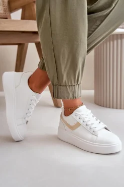 Boto Trampki Damskie Niskie|Sneakersy Damskie*Trampki Sneakersy Damskie Na Platformie Z Eko Skóry Biało-Złote Brennessa