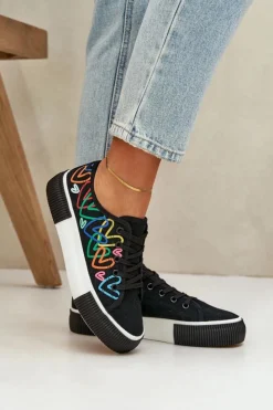 Damskie Boto Trampki Tenisówki Damskie W Serca Czarne Fonirea