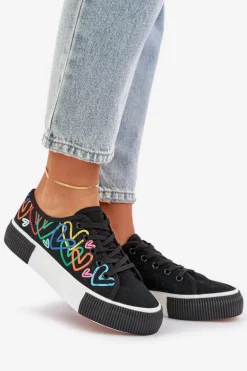 Damskie Boto Trampki Tenisówki Damskie W Serca Czarne Fonirea