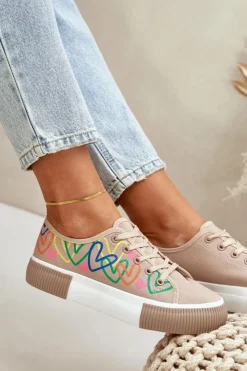 Boto Trampki Damskie Niskie*Trampki Tenisówki Damskie W Serca Ciemnobeżowe Fonirea