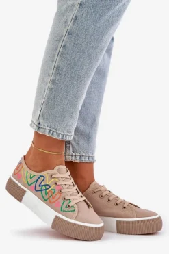 Boto Trampki Damskie Niskie*Trampki Tenisówki Damskie W Serca Ciemnobeżowe Fonirea