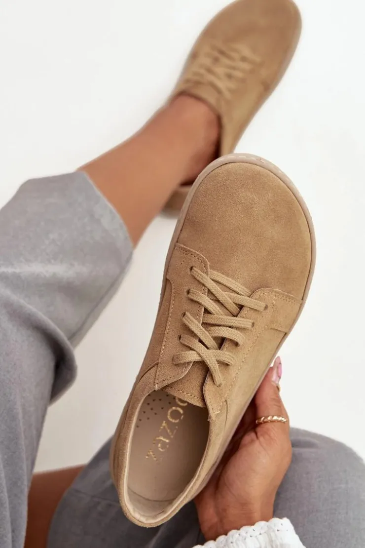 Zazoo Trampki Damskie Niskie|Półbuty Skórzane*Trampki Typu Barefoot Z Naturalnego Zamszu 314 Beżowe Beżowy