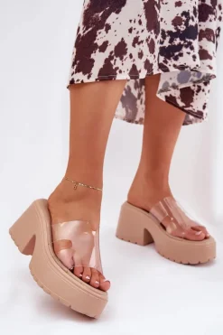 Boto Klapki Na Obcasie|Klapki Na Platformie*Transparentne Klapki Damskie Na Platformie I Masywnym Obcasie Beżowe Rizana Beżowy