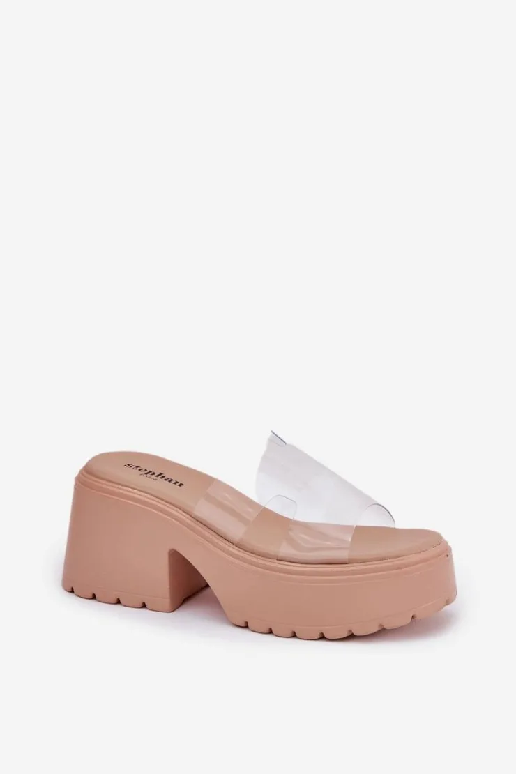 Boto Klapki Na Obcasie|Klapki Na Platformie*Transparentne Klapki Damskie Na Platformie I Masywnym Obcasie Beżowe Rizana Beżowy