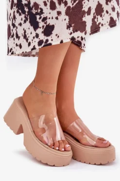 Boto Klapki Na Obcasie|Klapki Na Platformie*Transparentne Klapki Damskie Na Platformie I Masywnym Obcasie Beżowe Rizana Beżowy