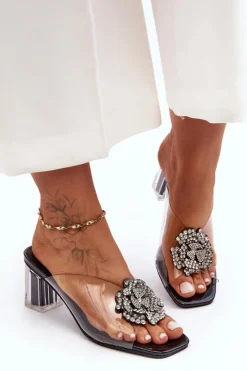 Best Damskie buty S.Barski Transparentne Klapki Na Słupku Z Ozdobą Czarne S.Barski MR1037-20
