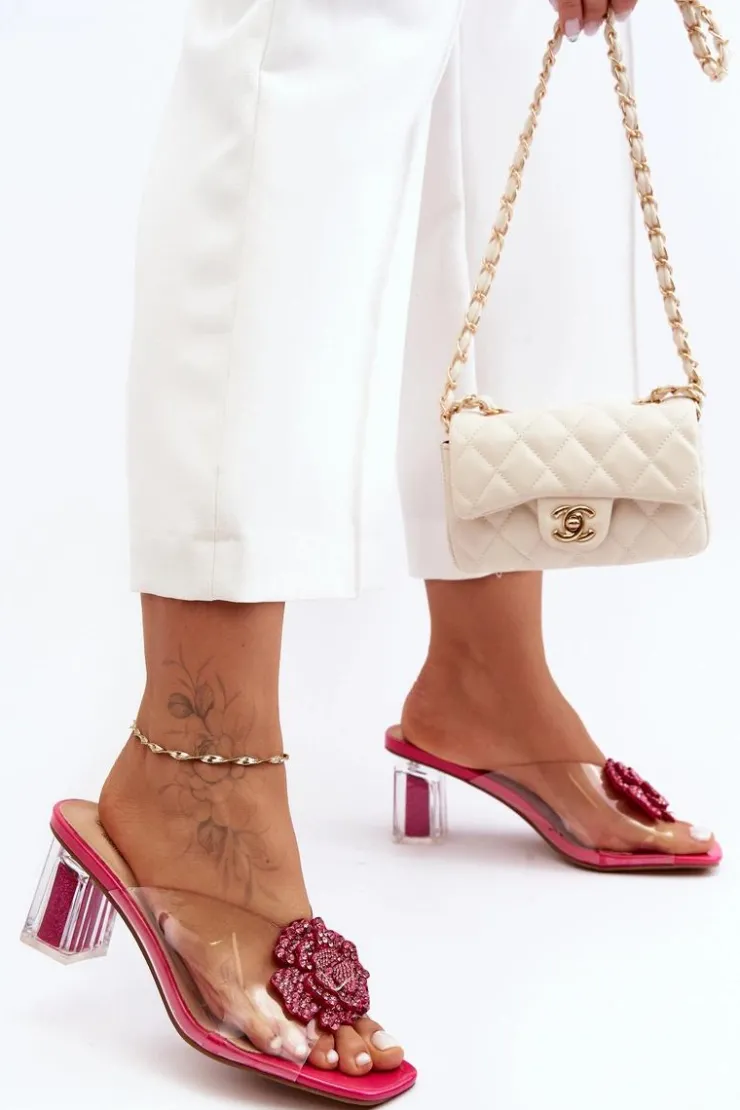 Online Damskie buty S.Barski Transparentne Klapki Na Słupku Z Ozdobą Fuksja S.Barski MR1037-20 Różowy