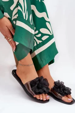 Clearance Boto Transparentne Płaskie Klapki Damskie Ze Sztucznym Kwiatem Czarne Vobetta Czarny