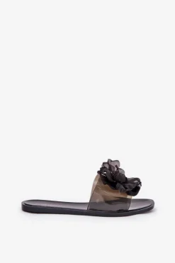 Clearance Boto Transparentne Płaskie Klapki Damskie Ze Sztucznym Kwiatem Czarne Vobetta Czarny