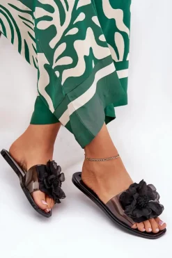 Clearance Boto Transparentne Płaskie Klapki Damskie Ze Sztucznym Kwiatem Czarne Vobetta Czarny