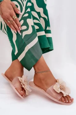 Outlet Boto Transparentne Płaskie Klapki Damskie Ze Sztucznym Kwiatem Nude Vobetta Beżowy