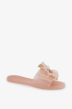 Outlet Boto Transparentne Płaskie Klapki Damskie Ze Sztucznym Kwiatem Nude Vobetta Beżowy