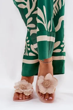 Outlet Boto Transparentne Płaskie Klapki Damskie Ze Sztucznym Kwiatem Nude Vobetta Beżowy