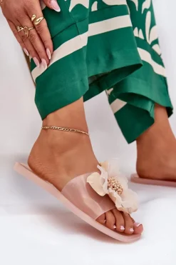 Outlet Boto Transparentne Płaskie Klapki Damskie Ze Sztucznym Kwiatem Nude Vobetta Beżowy