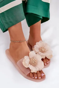 Outlet Boto Transparentne Płaskie Klapki Damskie Ze Sztucznym Kwiatem Nude Vobetta Beżowy