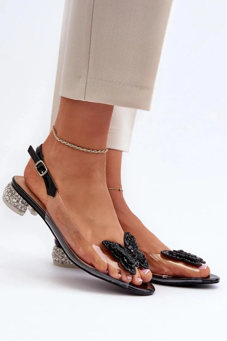 Damskie Damskie buty S.Barski Transparentne Sandały Na Niskim Obcasie Z Motylem Czarne D&A MR38-388