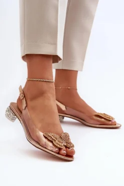 Damskie Damskie buty S.Barski Transparentne Sandały Na Niskim Obcasie Z Motylem Złote D&A MR38-388