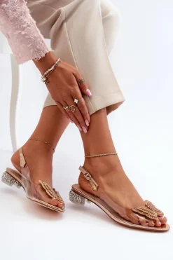 Damskie Damskie buty S.Barski Transparentne Sandały Na Niskim Obcasie Z Motylem Złote D&A MR38-388