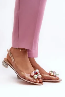 Damskie buty S.Barski Sandały Na Obcasie*Transparentne Sandały Na Niskim Obcasie Z Ozdobą Różowe Złoto D&A MR38-368