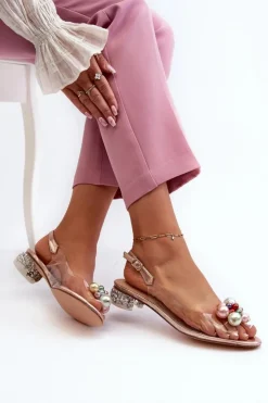 Damskie buty S.Barski Sandały Na Obcasie*Transparentne Sandały Na Niskim Obcasie Z Ozdobą Różowe Złoto D&A MR38-368