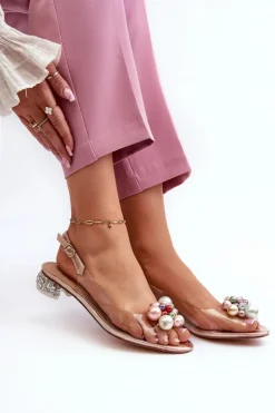 Damskie buty S.Barski Sandały Na Obcasie*Transparentne Sandały Na Niskim Obcasie Z Ozdobą Różowe Złoto D&A MR38-368