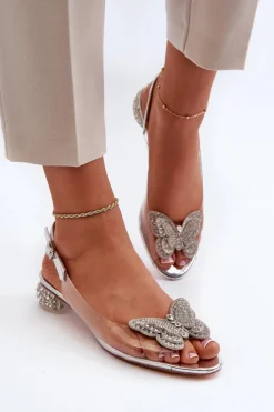 Damskie Damskie buty S.Barski Transparentne Sandały Na Niskim Obcasie Z Motylem Różowe Srebrne D&A MR38-388