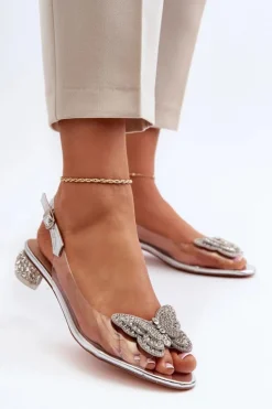 Damskie Damskie buty S.Barski Transparentne Sandały Na Niskim Obcasie Z Motylem Różowe Srebrne D&A MR38-388