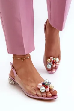 Damskie buty S.Barski Sandały Na Obcasie*Transparentne Sandały Na Niskim Obcasie Z Ozdobą Różowe D&A MR38-368