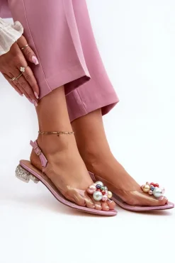 Damskie buty S.Barski Sandały Na Obcasie*Transparentne Sandały Na Niskim Obcasie Z Ozdobą Różowe D&A MR38-368