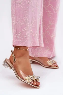 Damskie buty S.Barski Sandały Na Obcasie*Transparentne Sandały Na Niskim Obcasie Ze Zdobieniem D&A MR51-709 Złote