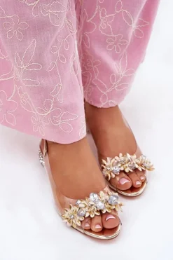 Damskie buty S.Barski Sandały Na Obcasie*Transparentne Sandały Na Niskim Obcasie Ze Zdobieniem D&A MR51-709 Złote