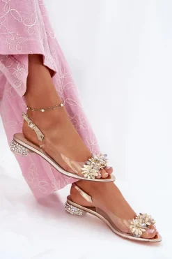 Damskie buty S.Barski Sandały Na Obcasie*Transparentne Sandały Na Niskim Obcasie Ze Zdobieniem D&A MR51-709 Złote