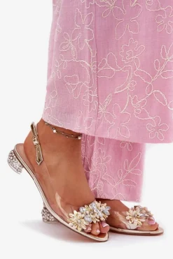 Damskie buty S.Barski Sandały Na Obcasie*Transparentne Sandały Na Niskim Obcasie Ze Zdobieniem D&A MR51-709 Złote