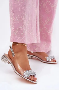 Damskie Damskie buty S.Barski Transparentne Sandały Na Niskim Obcasie Ze Zdobieniem D&A MR51-709 Srebrne