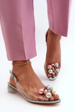 Damskie buty S.Barski Sandały Na Obcasie*Transparentne Sandały Na Niskim Obcasie Z Ozdobą Zielone D&A MR38-368