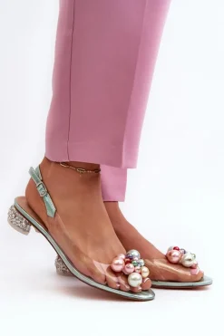 Damskie buty S.Barski Sandały Na Obcasie*Transparentne Sandały Na Niskim Obcasie Z Ozdobą Zielone D&A MR38-368