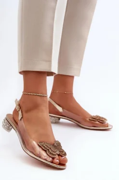 Damskie buty S.Barski Sandały Na Obcasie*Transparentne Sandały Na Niskim Obcasie Z Motylem Różowe Złoto D&A MR38-388