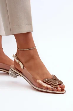 Damskie buty S.Barski Sandały Na Obcasie*Transparentne Sandały Na Niskim Obcasie Z Motylem Różowe Złoto D&A MR38-388