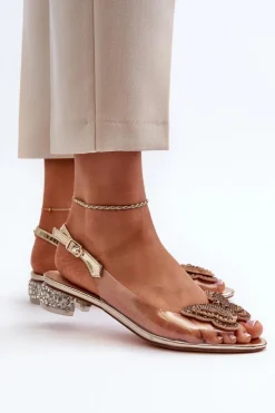 Damskie buty S.Barski Sandały Na Obcasie*Transparentne Sandały Na Niskim Obcasie Z Motylem Różowe Złoto D&A MR38-388