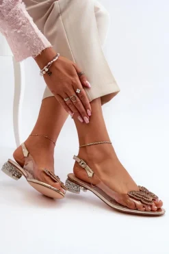 Damskie buty S.Barski Sandały Na Obcasie*Transparentne Sandały Na Niskim Obcasie Z Motylem Różowe Złoto D&A MR38-388