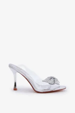 Damskie Boto Transparentne Sandały Na Szpilce Z Błyszczącą Kokardą Srebrne Viosta