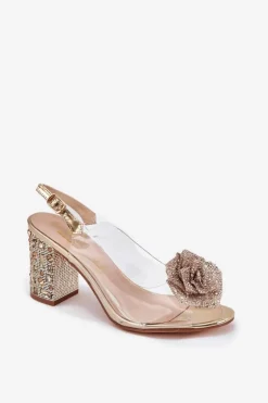Discount Damskie buty S.Barski Transparentne Sandały Na Słupku Z Kryształkami I Ozdobą D&A MR51-702 Złote