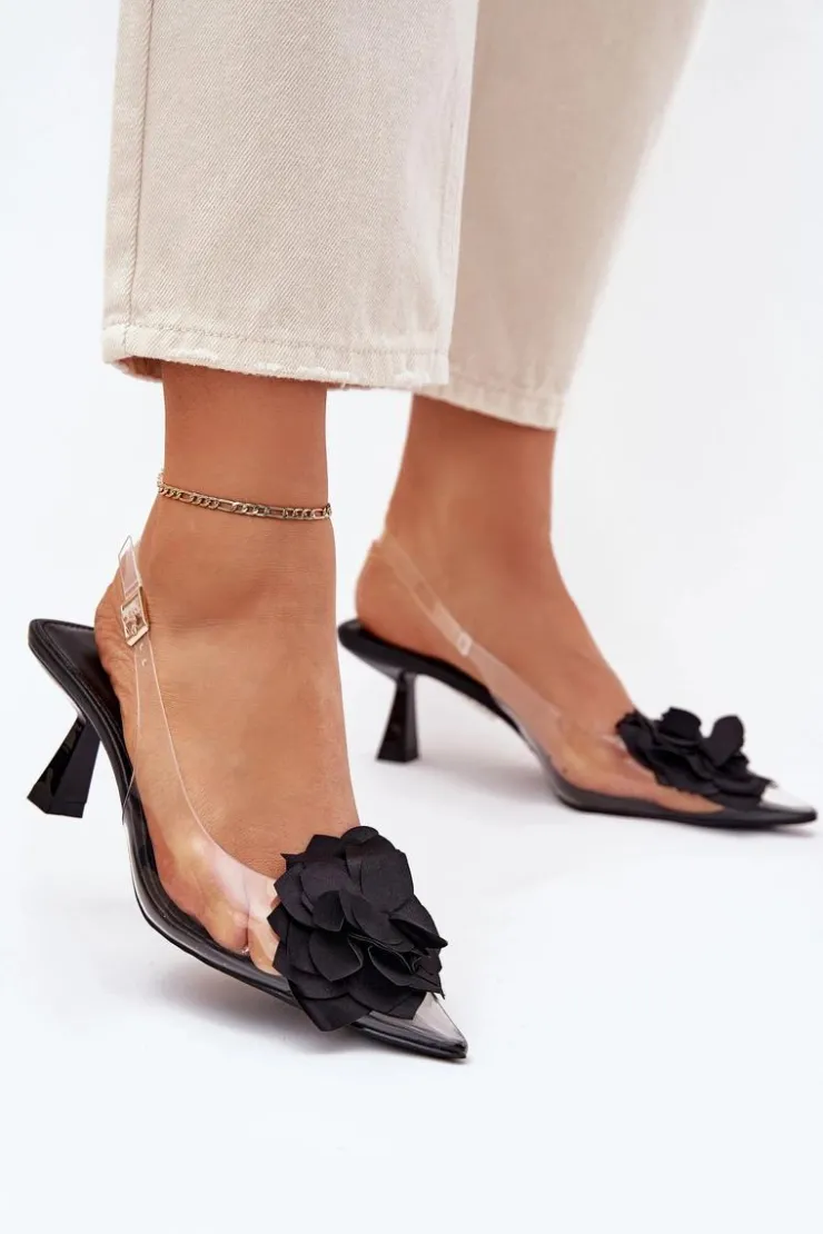 Boto Sandały Na Obcasie*Transparentne Sandały Na Szpilce Z Ozdobnym Kwiatem Czarne Risalie Czarny