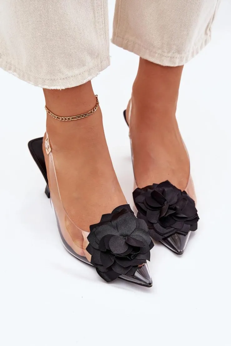 Boto Sandały Na Obcasie*Transparentne Sandały Na Szpilce Z Ozdobnym Kwiatem Czarne Risalie Czarny