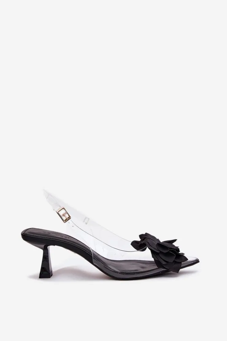 Boto Sandały Na Obcasie*Transparentne Sandały Na Szpilce Z Ozdobnym Kwiatem Czarne Risalie Czarny